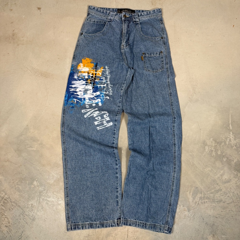Clench Mens Wide Leg Graphic Denim Pants Blue Linen Blend 32x33 Y2K Skater